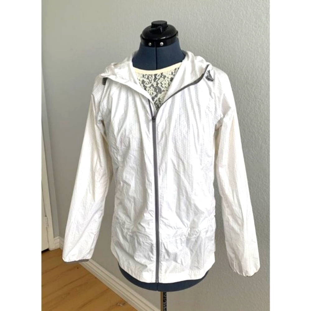 White Lightweight Water Resistant Hooded Packable Jacket XS Cinchable Windbreak